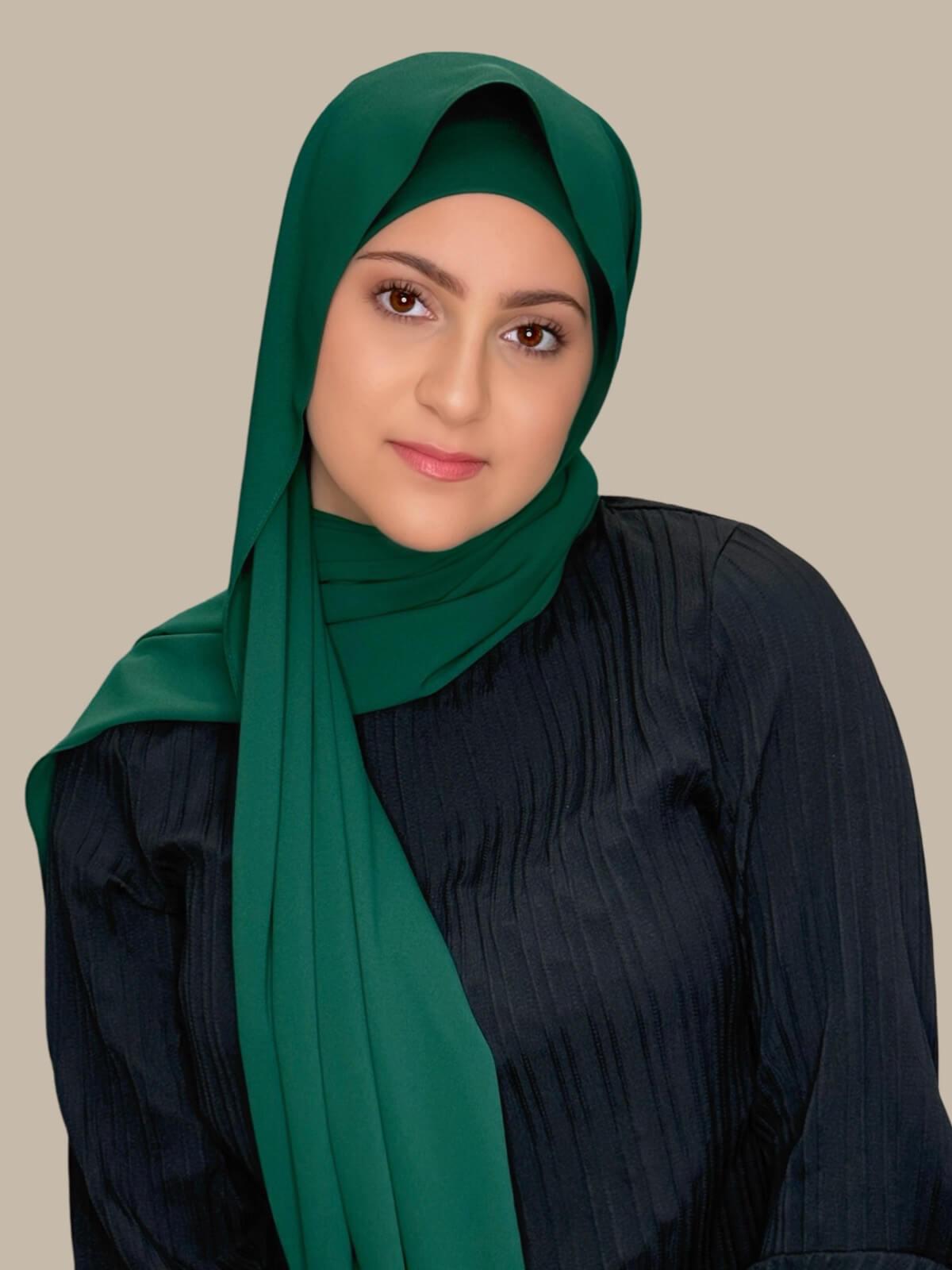 Deep Green Matching Chiffon Hijab Set in modish girl size on model, Front view showing lightweight drape and smooth layered wrap with elegant finish.