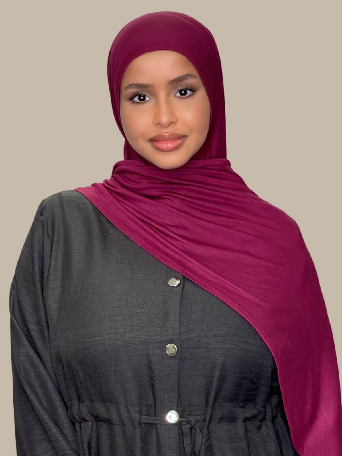 Burgundy Pre-Sewn Jersey Hijab front view on model draped over the shoulder