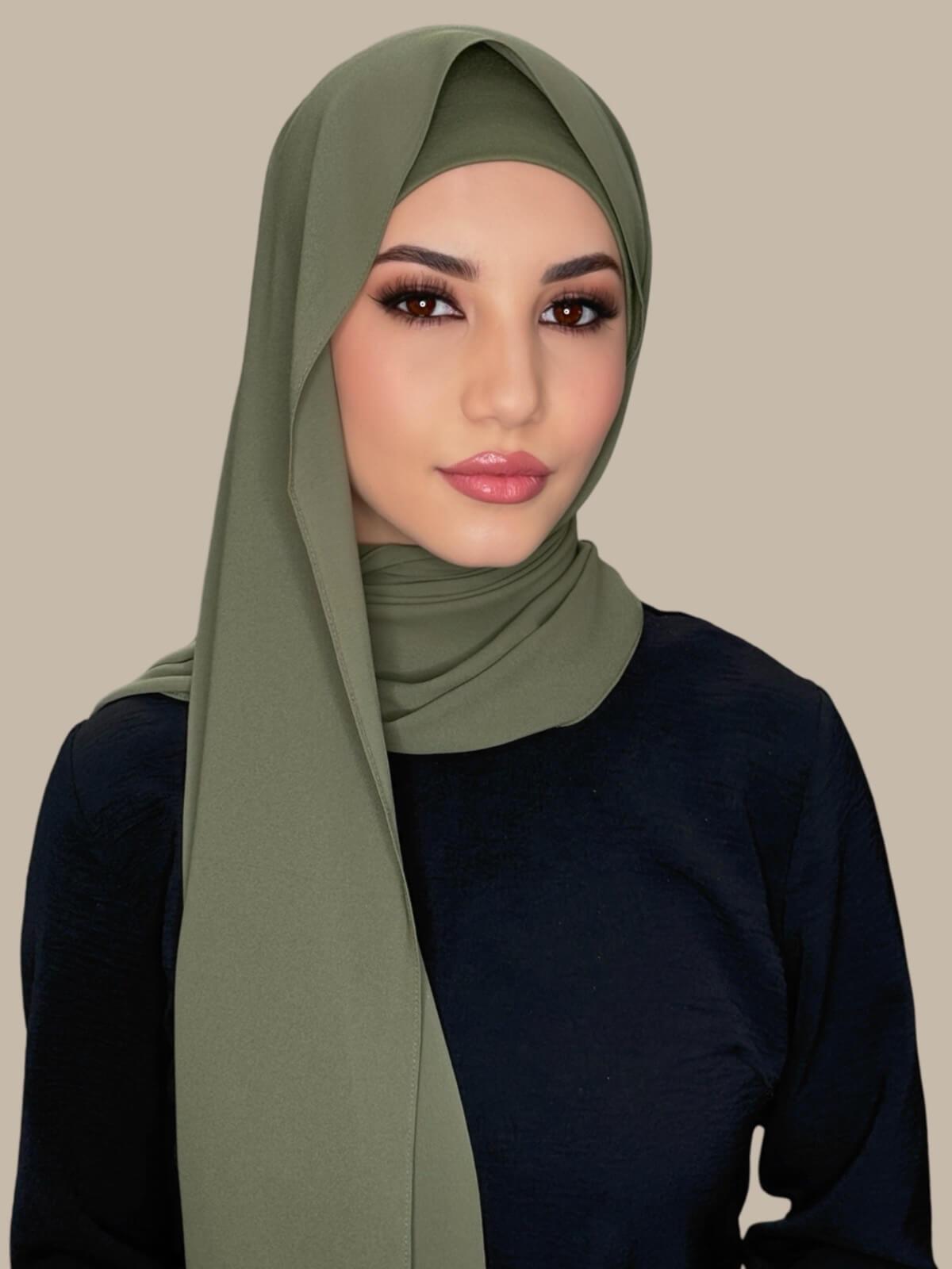 Dusty Olive Matching Chiffon Hijab Set on model,front view draped over one shoulder