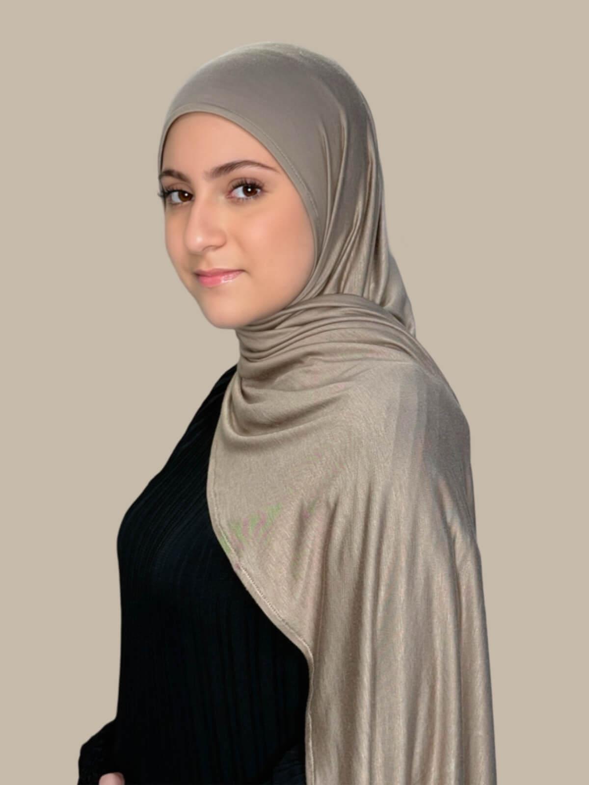 Desert Pre-Sewn Jersey Hijab in Modish Girl size, side view on model with hijab draped over shoulder showing smooth fit and soft stretch fabric.