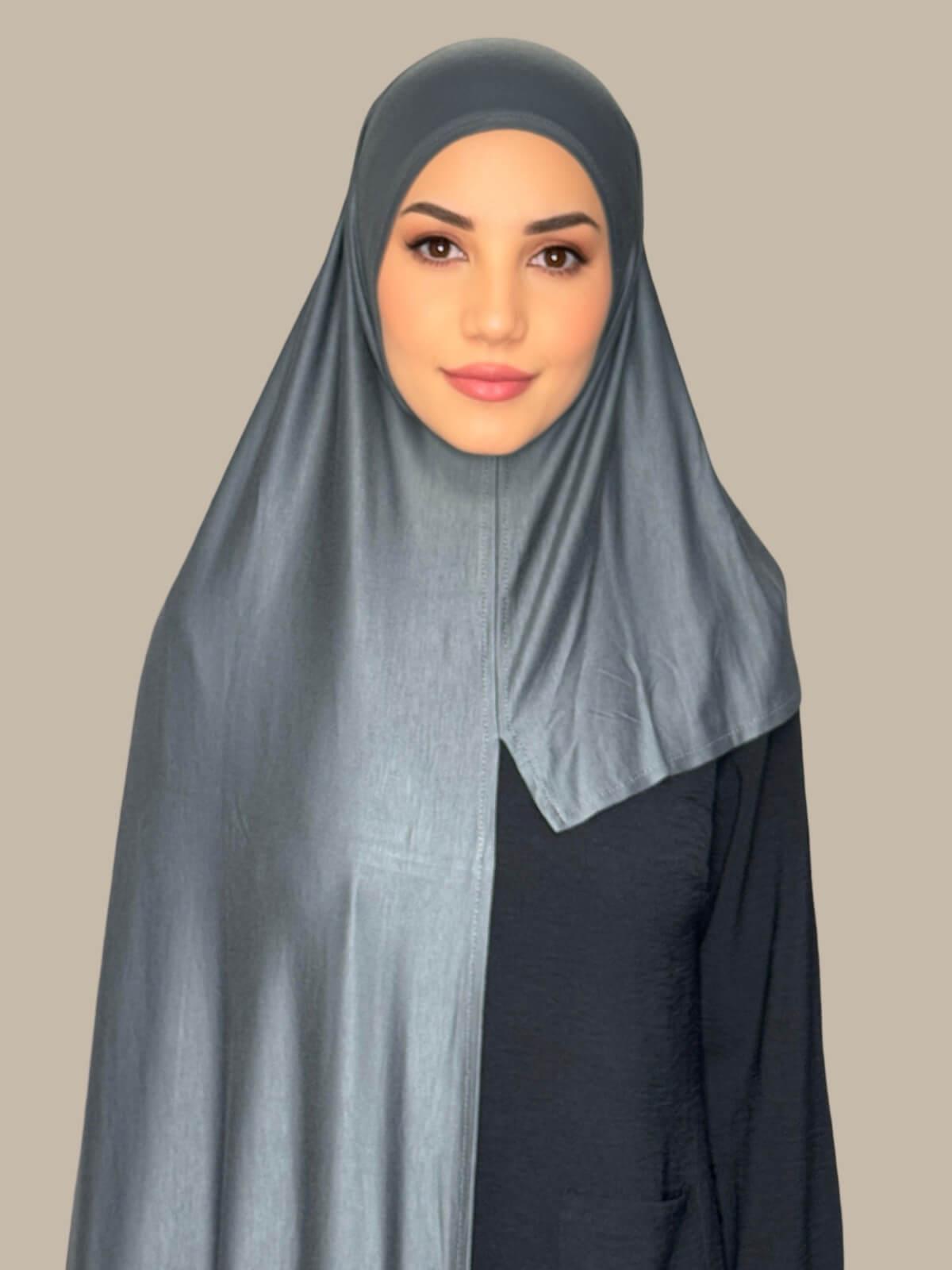 Pebble Grey Pre-Sewn Jersey Hijab front view on model showing full coverage and smooth drape on both sides.