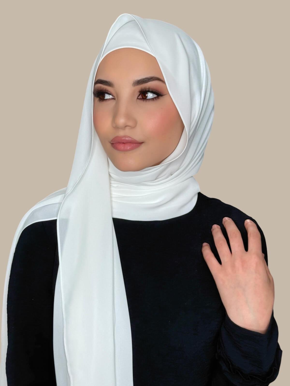 White Matching Chiffon Hijab Set on model, side view showing lightweight drape and smooth layered wrap with elegant finish.