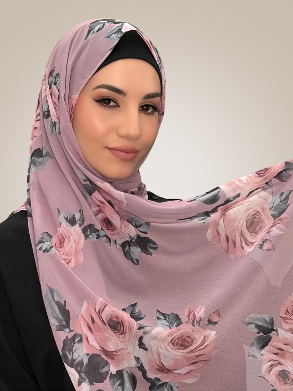 Printed Chiffon Hijab-Neutral Rosette