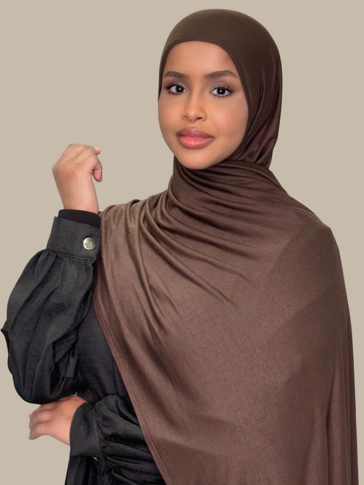 Chocolate Brown Pre-Sewn Jersey Hijab, side view on model draped over the shoulder