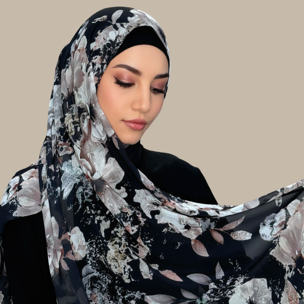 Printed Chiffon Hijab-Fleurette Slate II - Modish Hijab