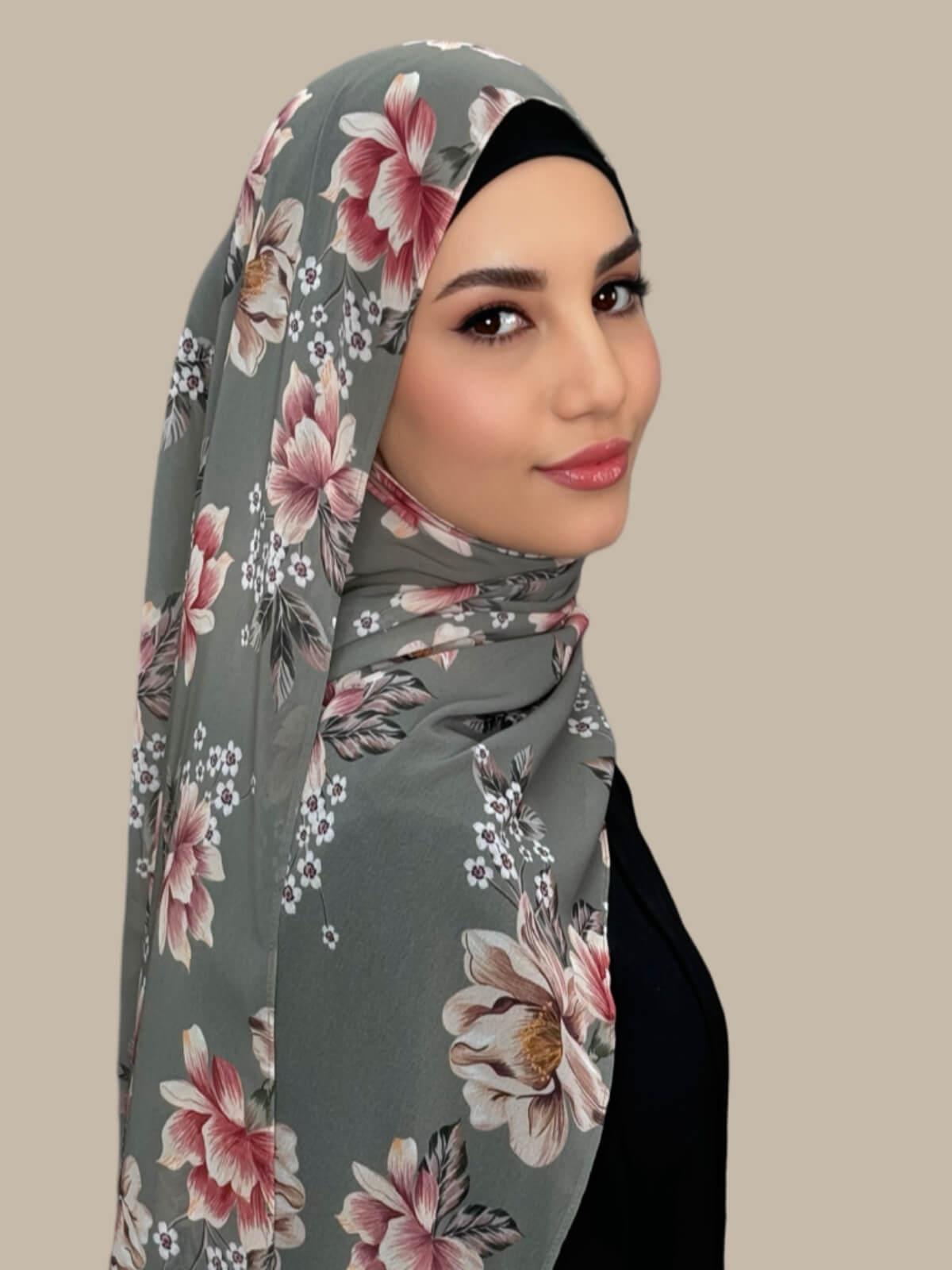 Printed Chiffon Hijab-Vintage Peony