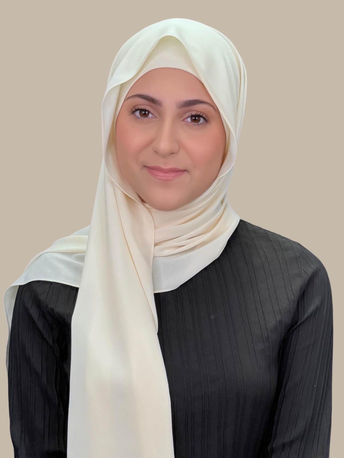 Ivory Lace Matching Chiffon Hijab Set in modish girl size on model, front view showing lightweight drape and smooth layered wrap with elegant finish.