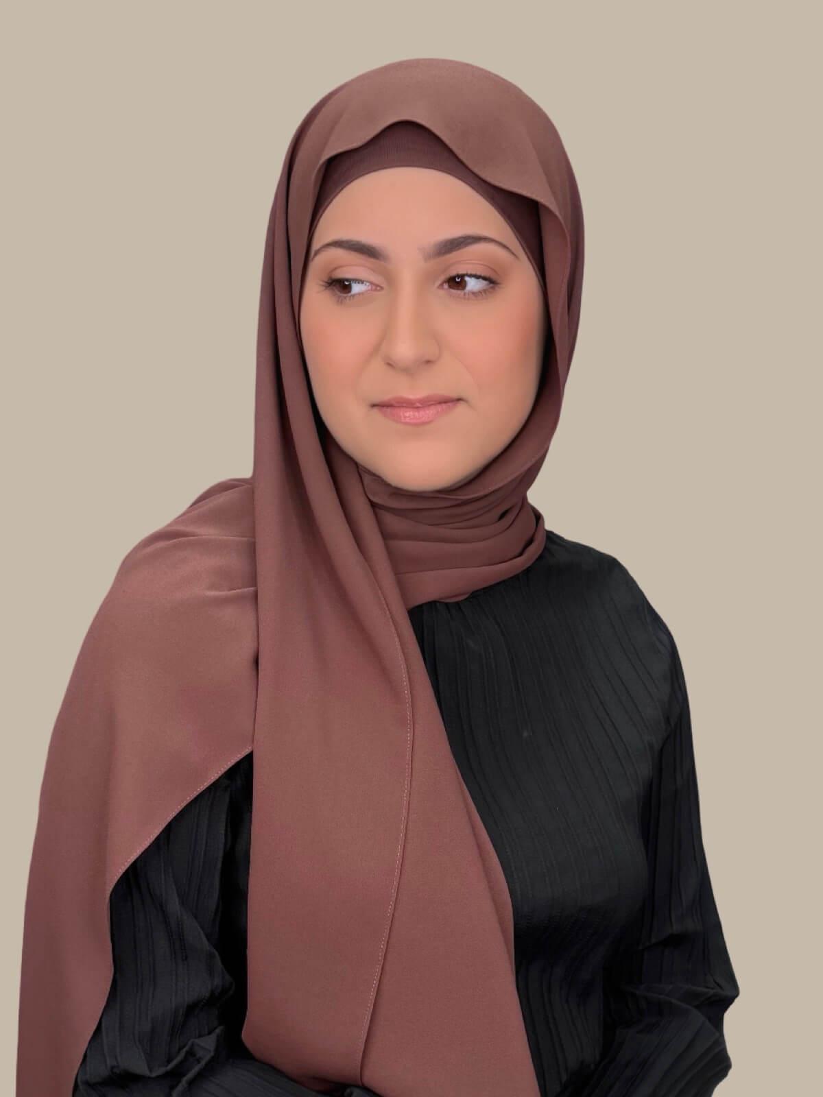 Burnt Redwood Matching Chiffon Hijab Set in modish girl size on model, front view showing lightweight drape and smooth layered wrap with elegant finish.