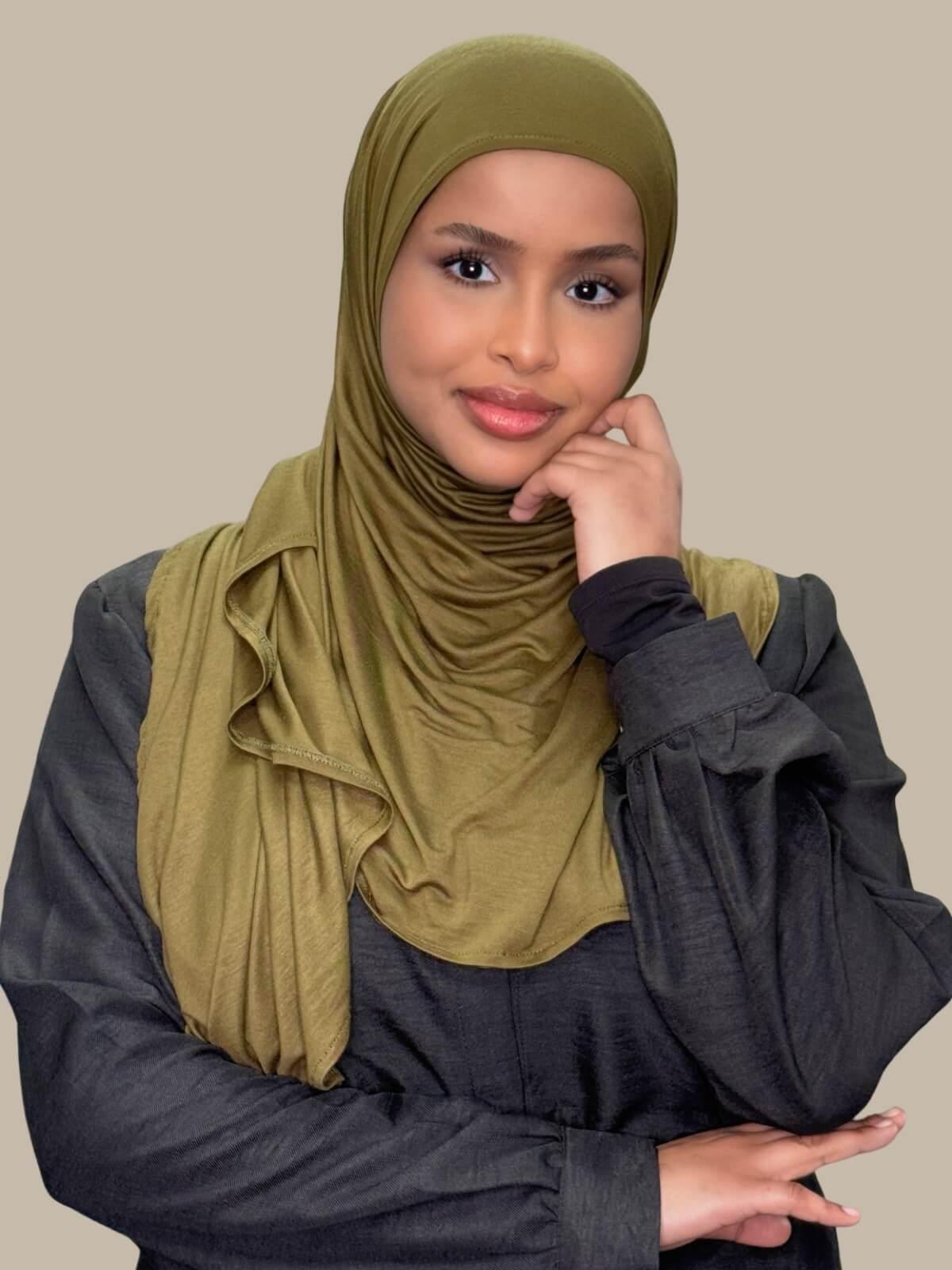 Olive Green Pre-Sewn Jersey Hijab, front view on model, easy to wear