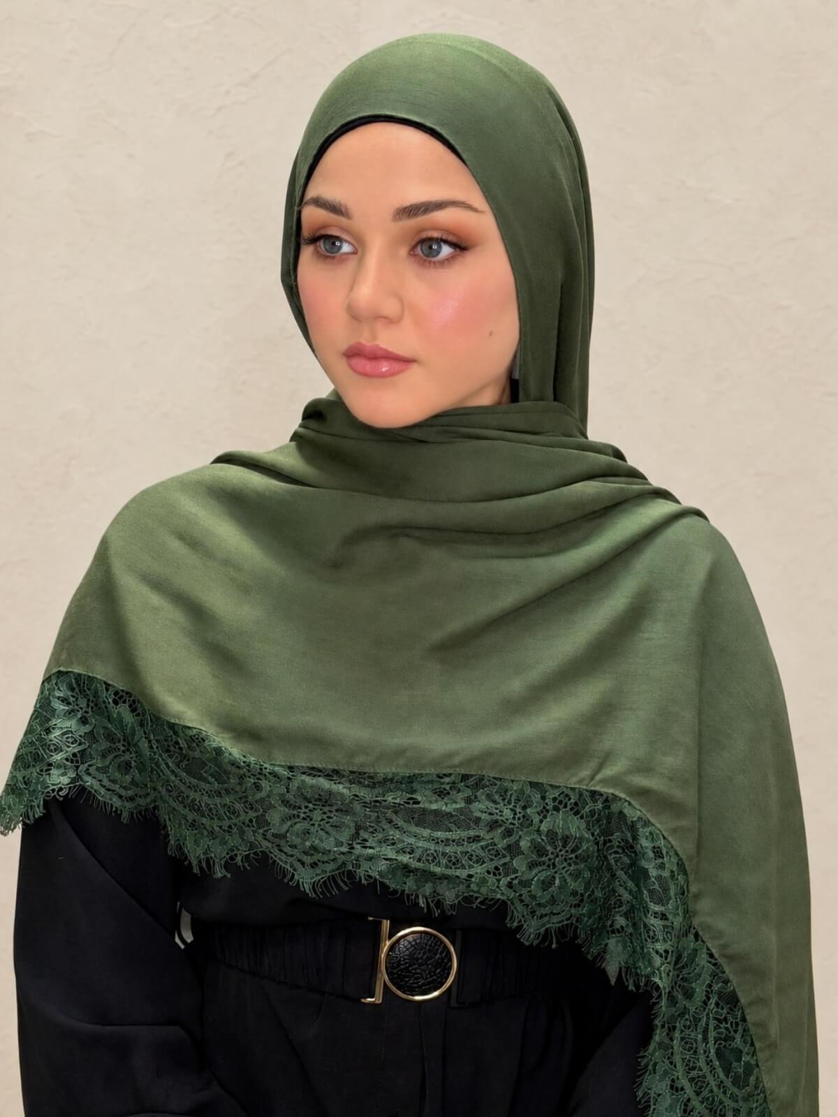 Lace Cotton Modal Hijab-Woodland Mist