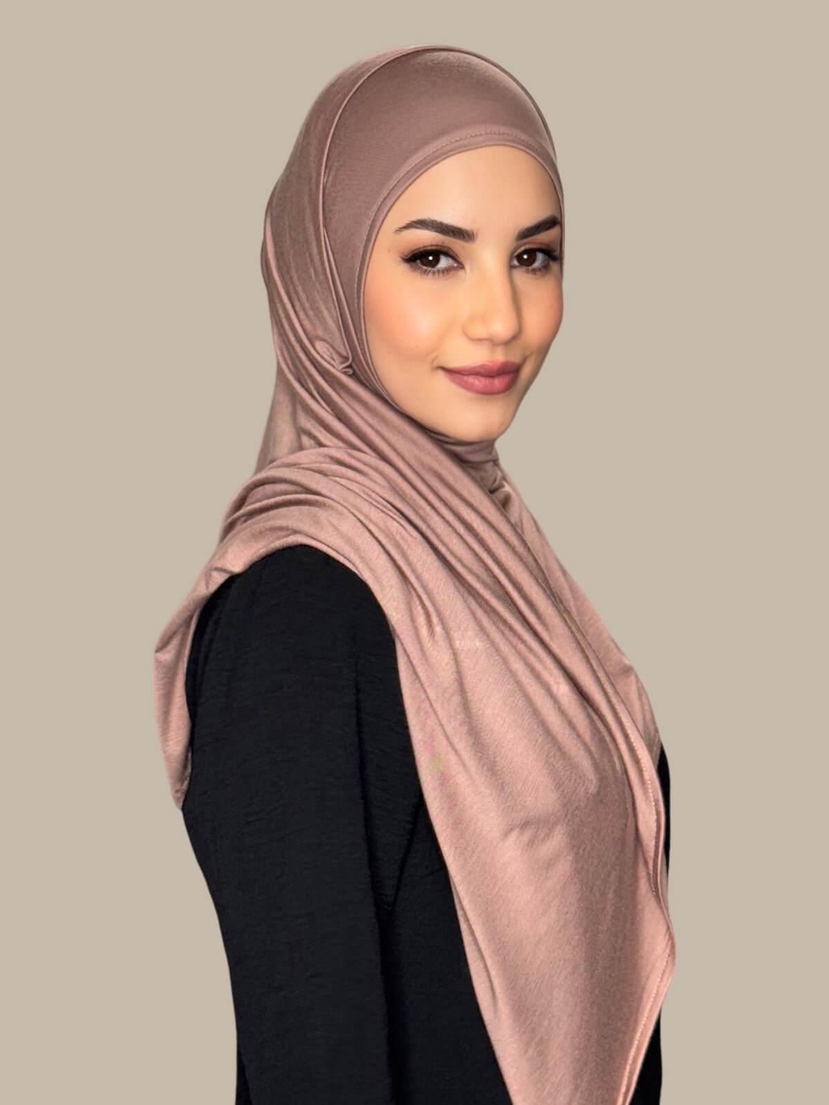 Pale Taupe Pre-Sewn Jersey Hijab, side view on model 