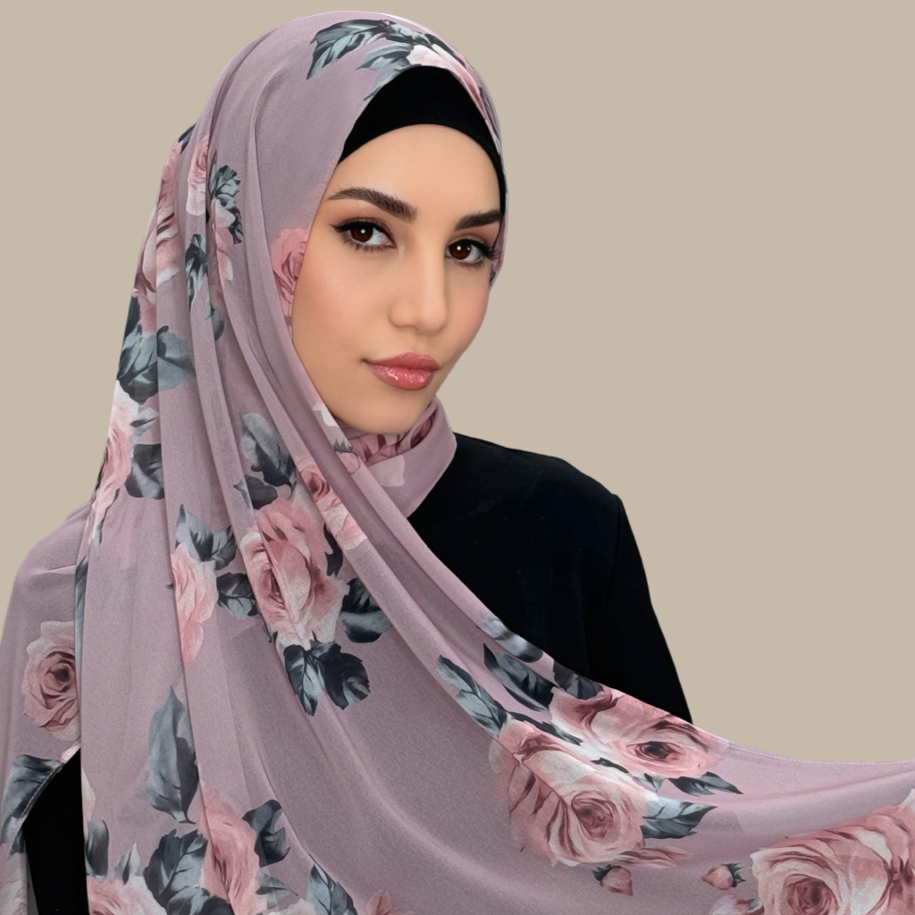 Printed Chiffon Hijab-Neutral Rosette - Modish Hijab