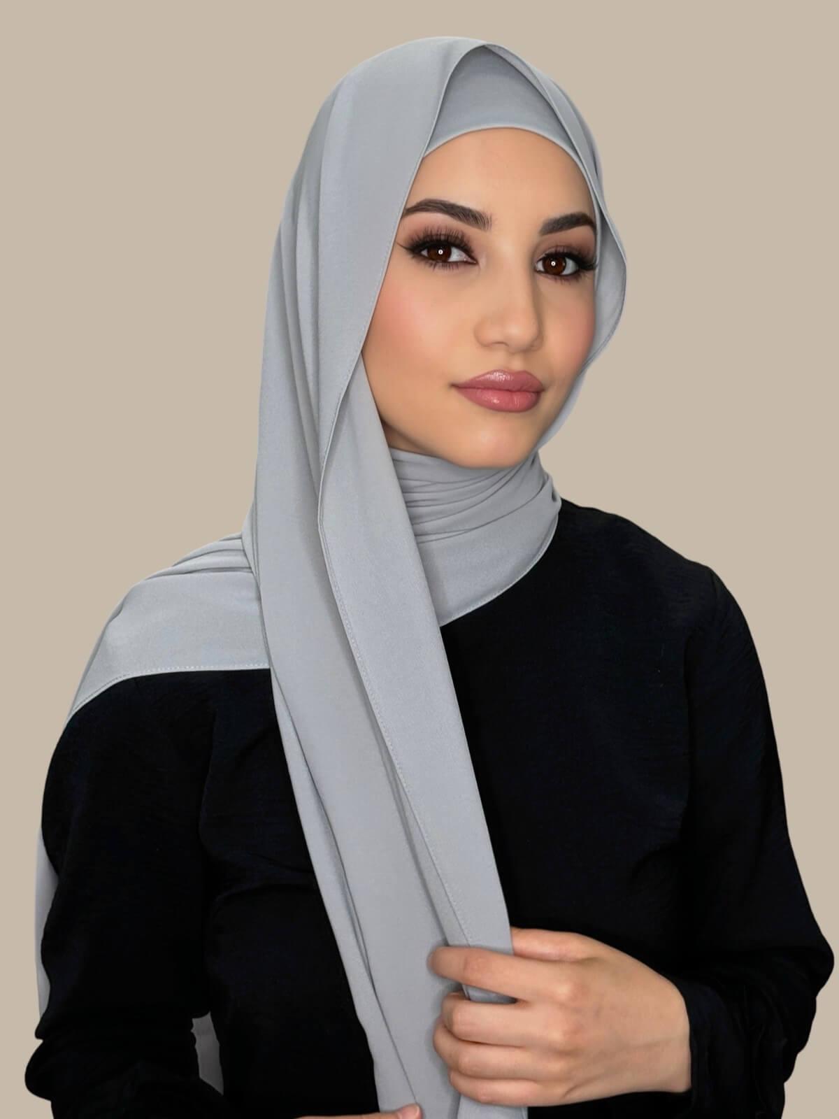 Dolphin Grey Matching Chiffon Hijab Set on model, side view showing lightweight drape and smooth layered wrap with elegant finish