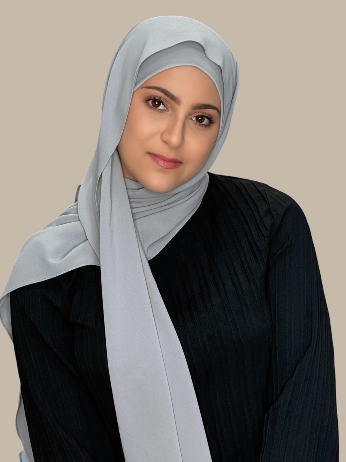 Dolphin Grey Matching Chiffon Hijab Set in modish girl size on model, side view draped over shoulder