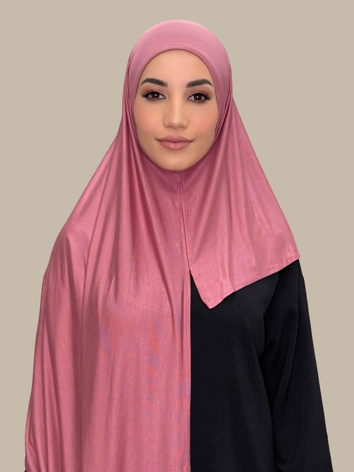 Pale Rose Pre-Sewn Jersey Hijab front view on model showing full coverage and smooth drape on both sides