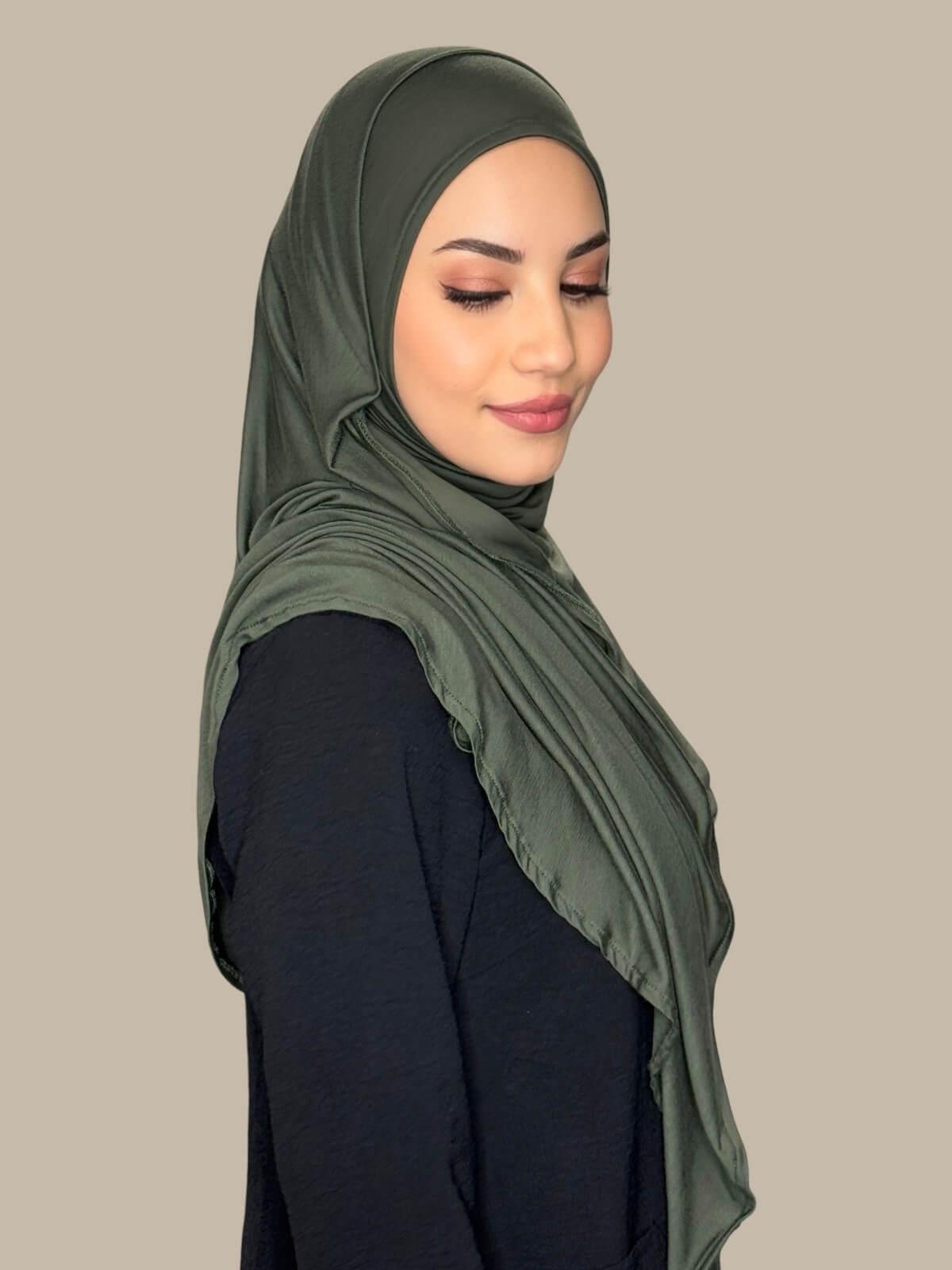 Army Green Pre-Sewn Jersey Hijab, side view on model