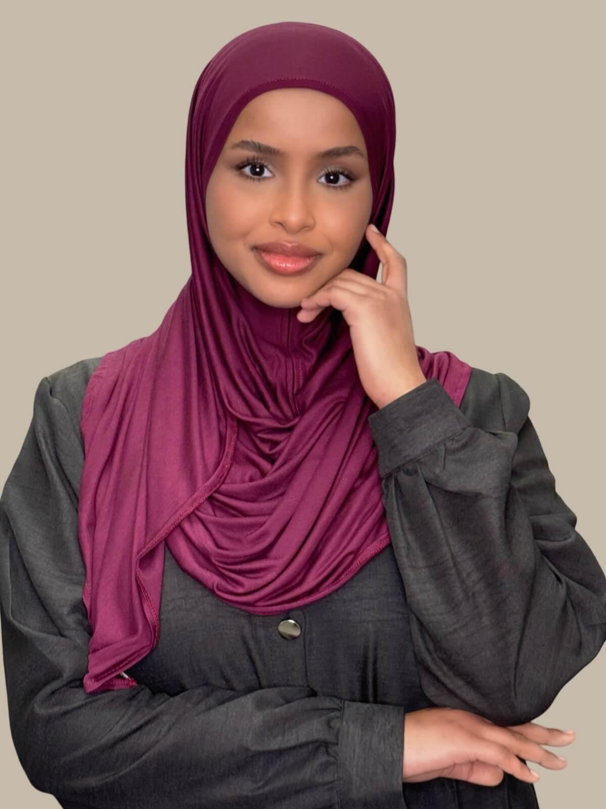 Wine Pre-Sewn Jersey Hijab front view on model effortless to wear