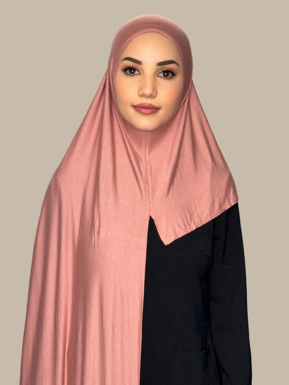 WoodRose Pre-Sewn Jersey Hijab front view on model showing full coverage and smooth drape on both sides