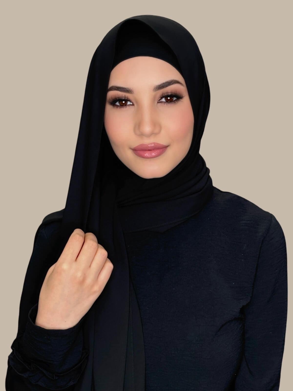 Black Matching Chiffon Hijab Set on model, front view 