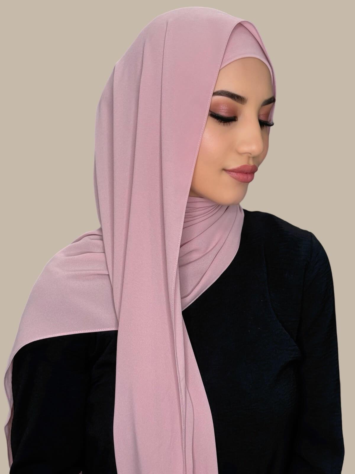 Blush Rose Matching Chiffon Hijab Set on model, side view showing lightweight drape and smooth layered wrap with elegant finish