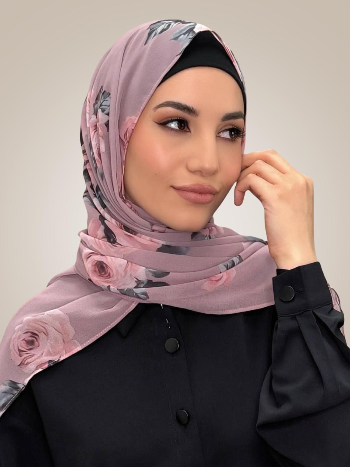 Printed Chiffon Hijab-Neutral Rosette
