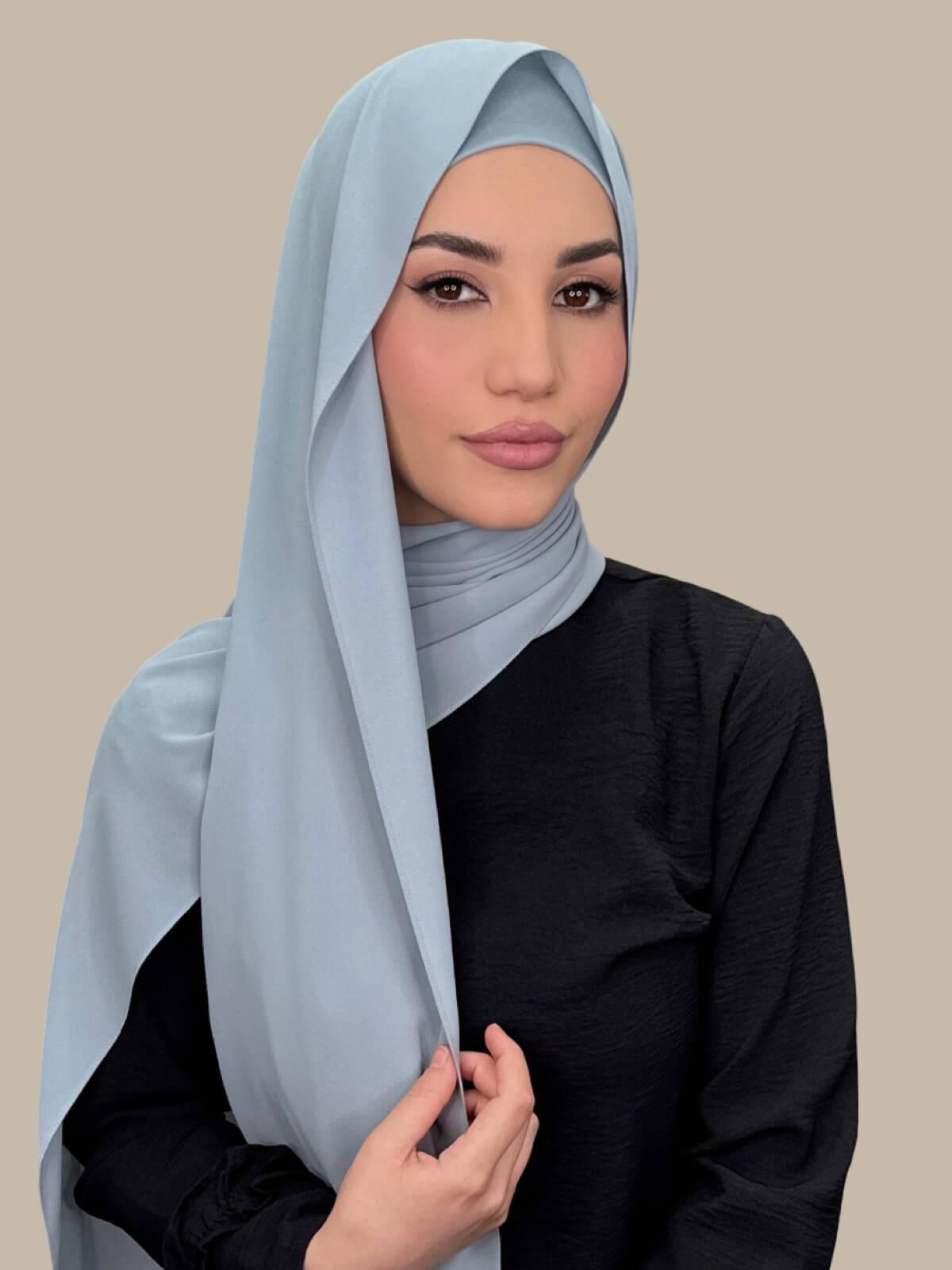 Stone Blue Matching Chiffon Hijab Set on model, front view showing lightweight drape and smooth layered wrap with elegant finish.