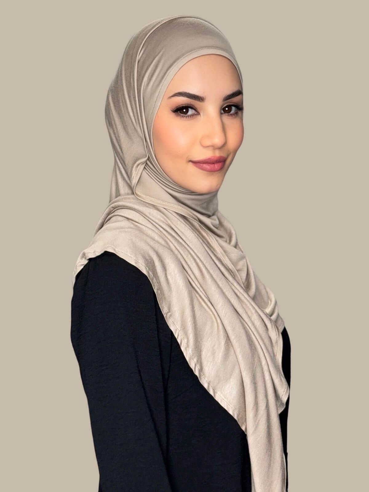 Vanilla Pre-Sewn jersey Hijab, side view on model