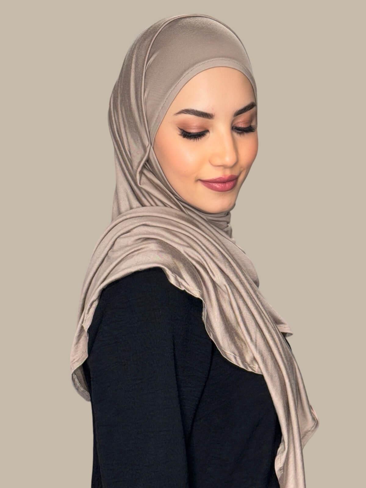 Desert Pre-Sewn Jersey Hijab, side view on model