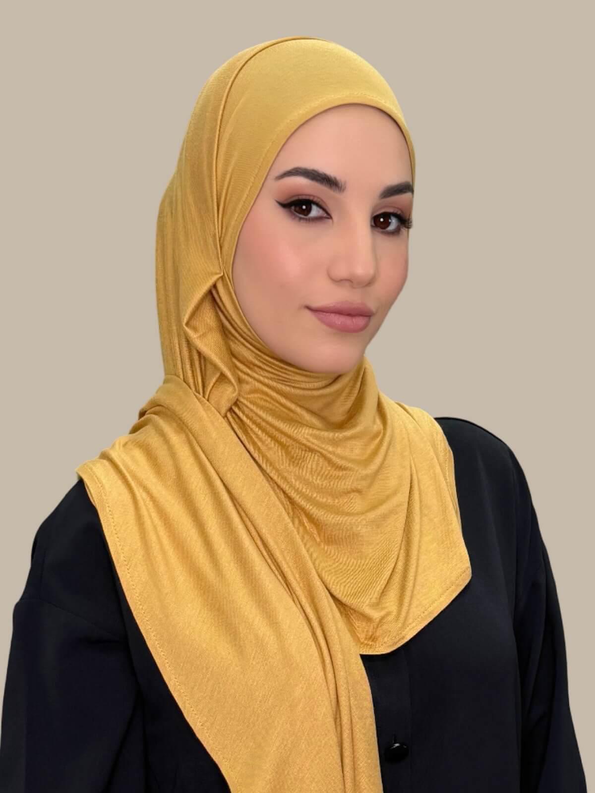 Saffron Pre-Sewn Jersey Hijab, front view on model