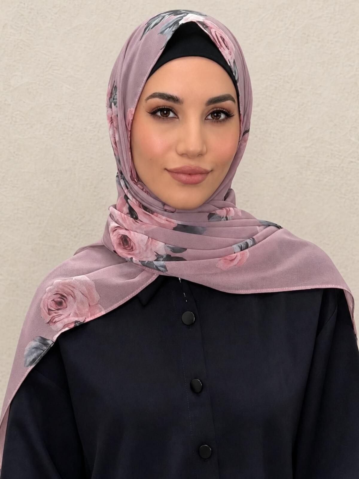 Printed Chiffon Hijab-Neutral Rosette