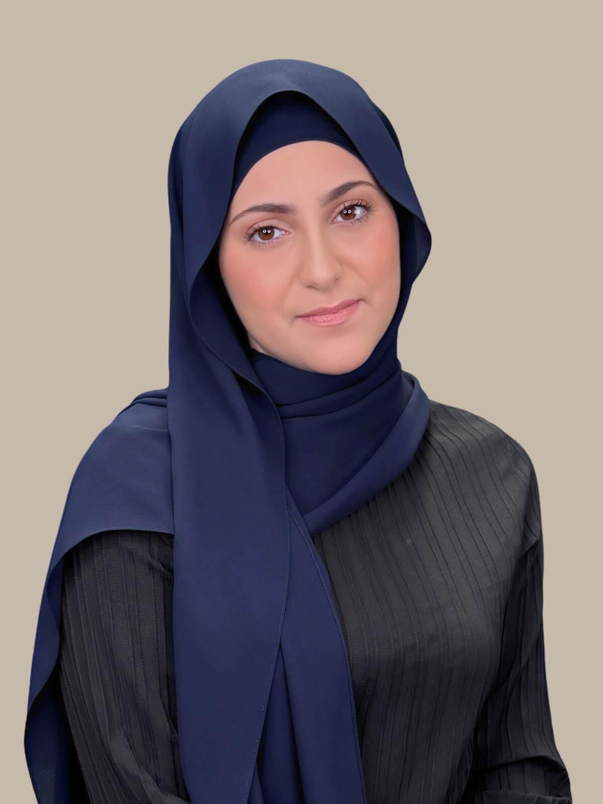 Dark Slate Matching Chiffon Hijab Set in modish girl size on model, front view showing lightweight drape and smooth layered wrap with elegant finish.