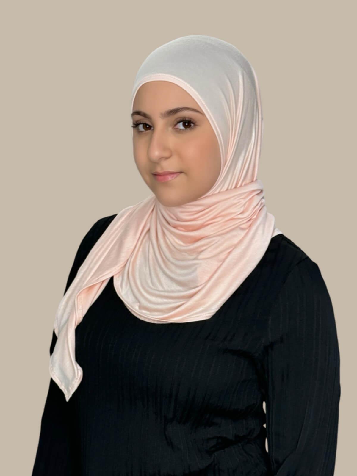Pearl Pre-Sewn Jersey Hijab in Modish Girl size, front view on model with hijab wrapped neatly around shoulders showing smooth fit and soft stretch fabric.