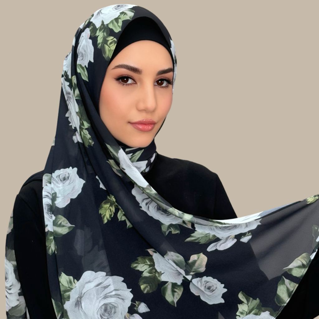 Printed Chiffon Hijab-Frosted Rosette - Modish Hijab