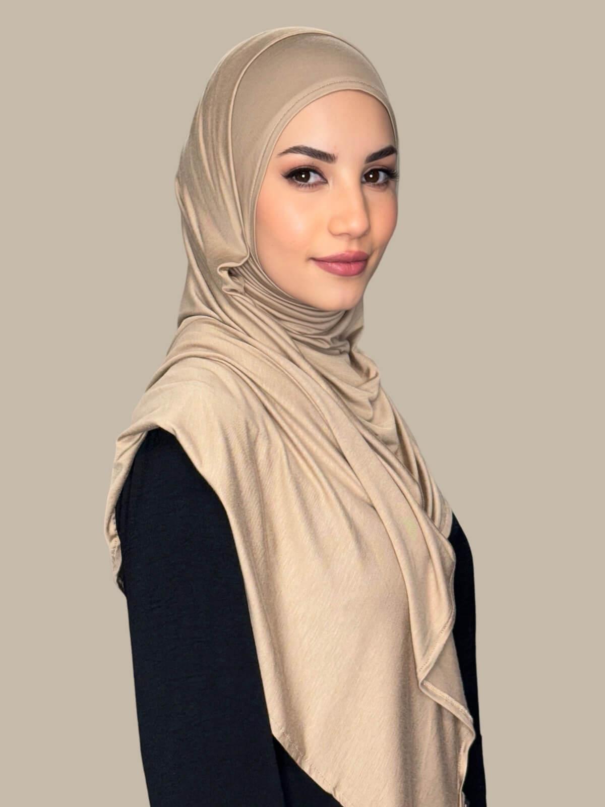 Oak Pre-Sewn Jersey Hijab, side view on model