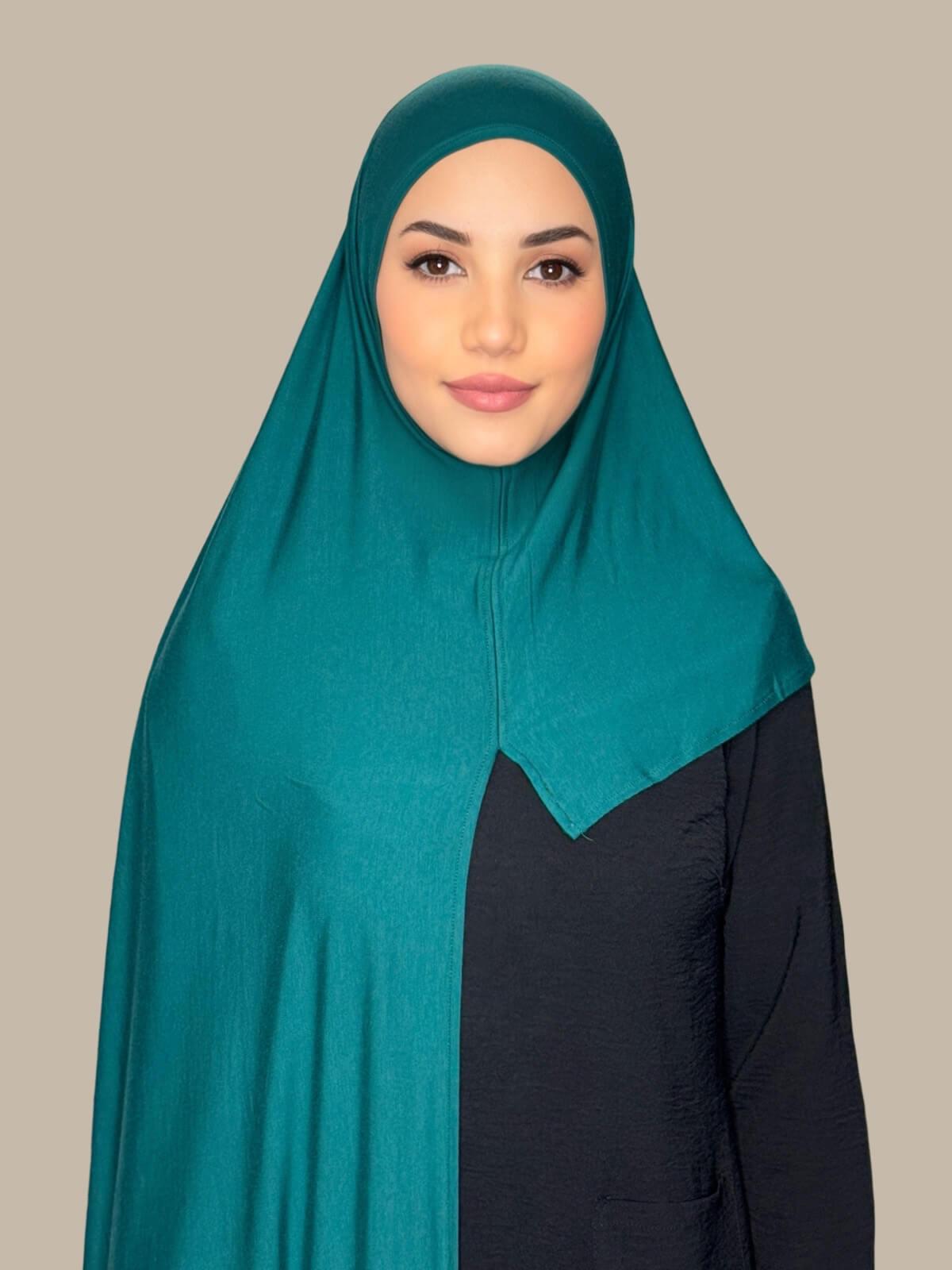 Pine Green Pre-Sewn Jersey Hijab front view on model showing full coverage and smooth drape on both sides
