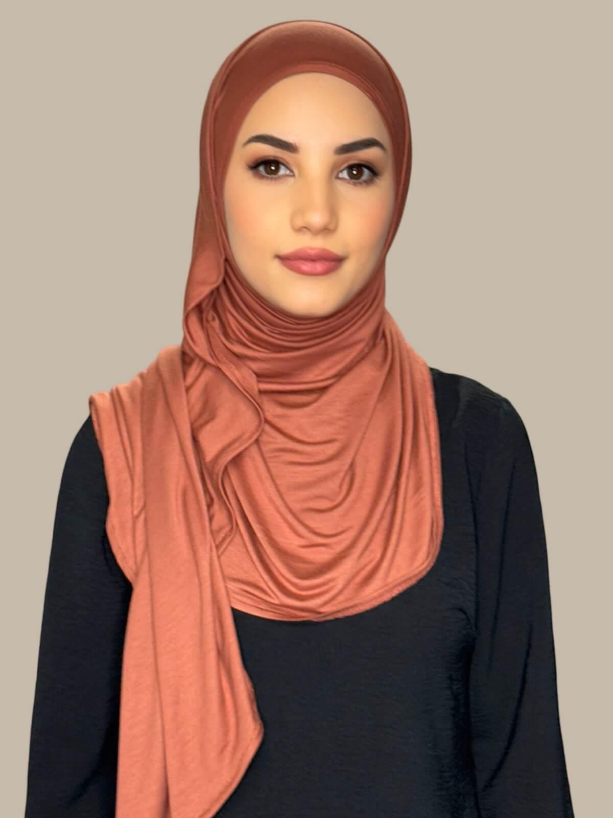 Brick Red Pre-Sewn Jersey Hijab front view on model