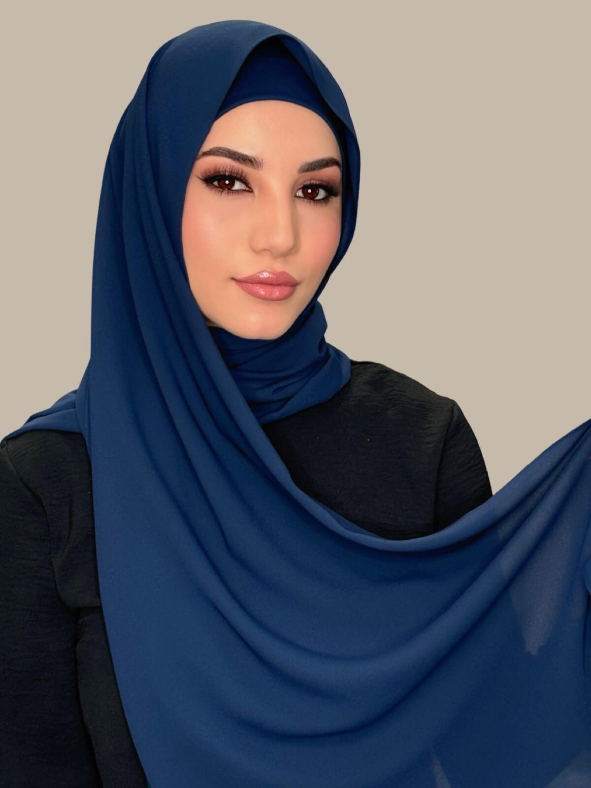 Navy Matching Chiffon Hijab Set on model,front view showing full opacity of hijab