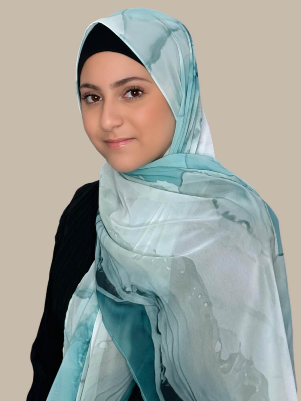 Modish Girl Printed Chiffon Hijab-Tidal Teal