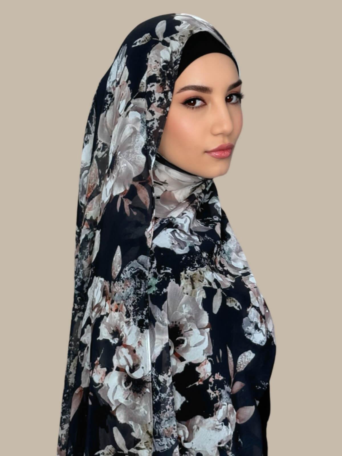 Printed Chiffon Hijab-Fleurette Slate II