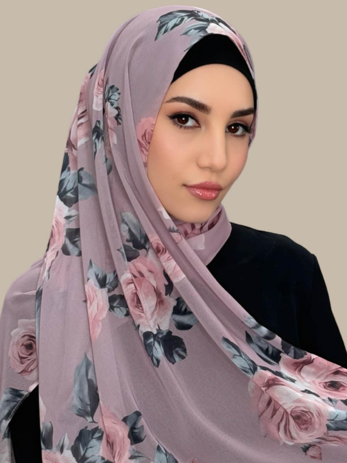 Printed Chiffon Hijab-Neutral Rosette