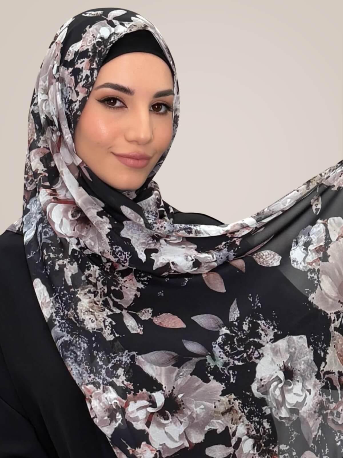 Printed Chiffon Hijab-Fleurette Slate II