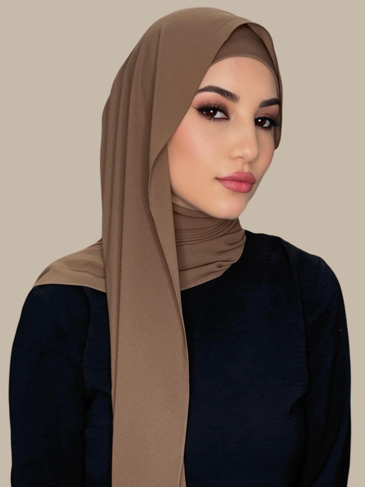 Walnut Brown Matching Chiffon Hijab Set on model,side view showing lightweight drape and smooth layered wrap with elegant finish