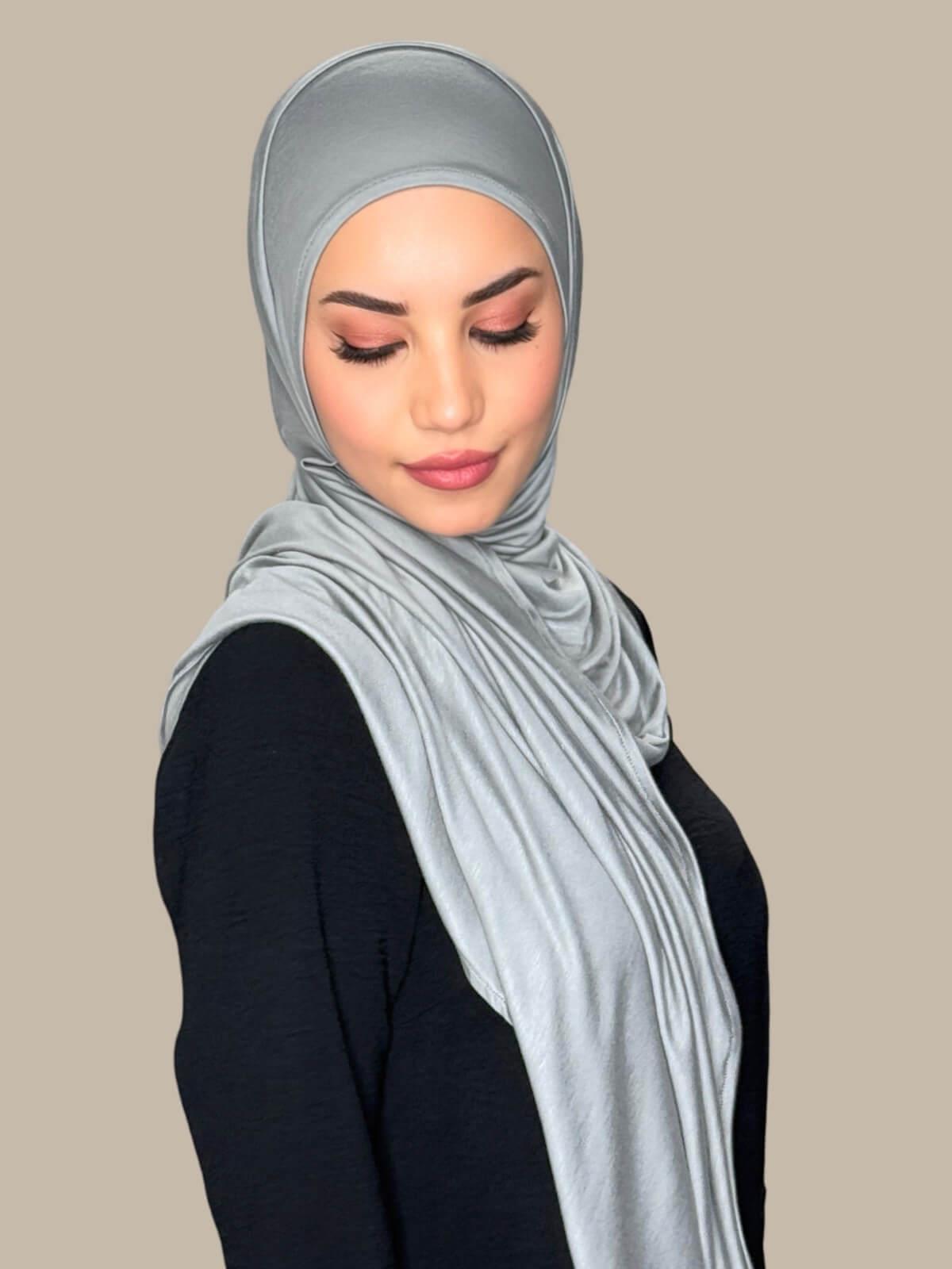 Chic Grey Pre-Sewn Jersey Hijab — side view on model