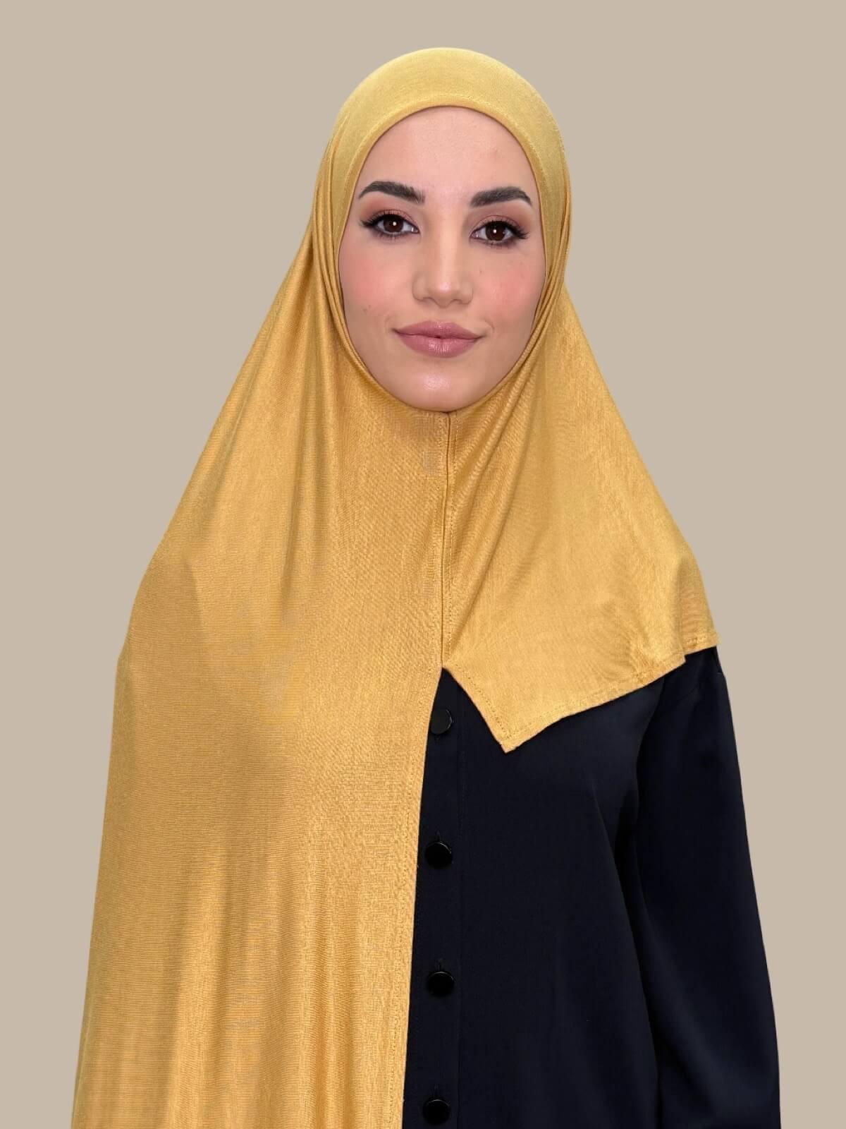 Saffron Pre-Sewn Jersey Hijab front view on model showing full coverage and smooth drape on both sides