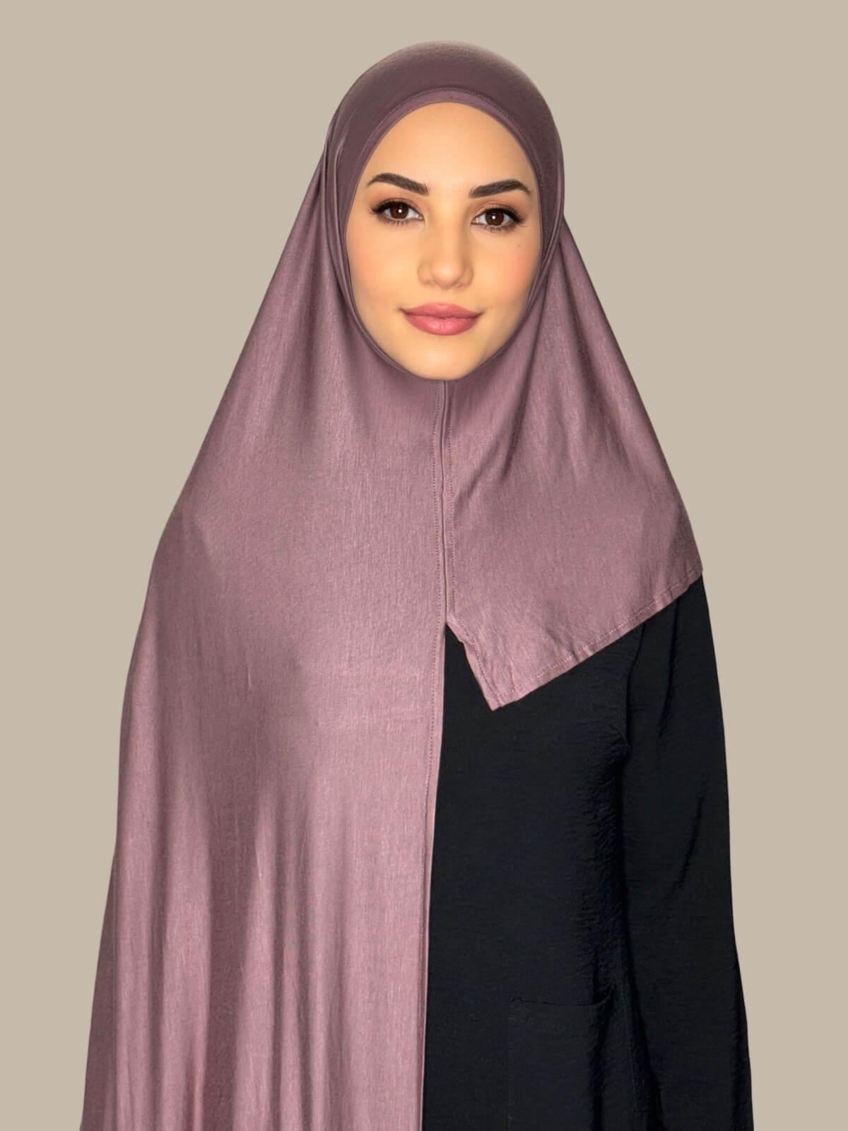 Rose Taupe Pre-Sewn Jersey Hijab front view on model showing full coverage and smooth drape on both sides