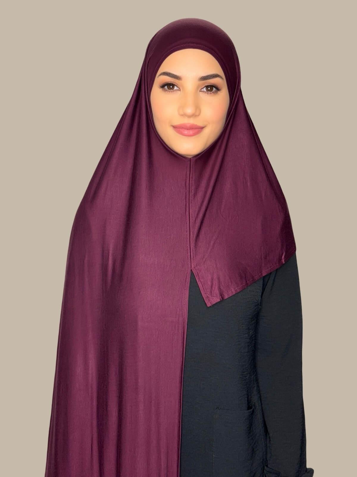 Wine Pre-Sewn Jersey Hijab front view on model showing full coverage and smooth drape on both sides