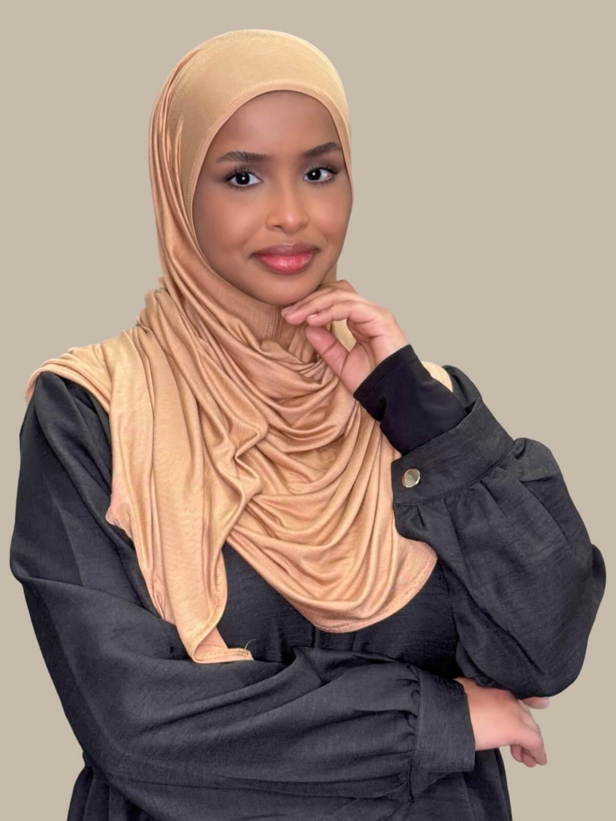 Honey Pre-Sewn Jersey Hijab, front view on model, just slip on wrap and go