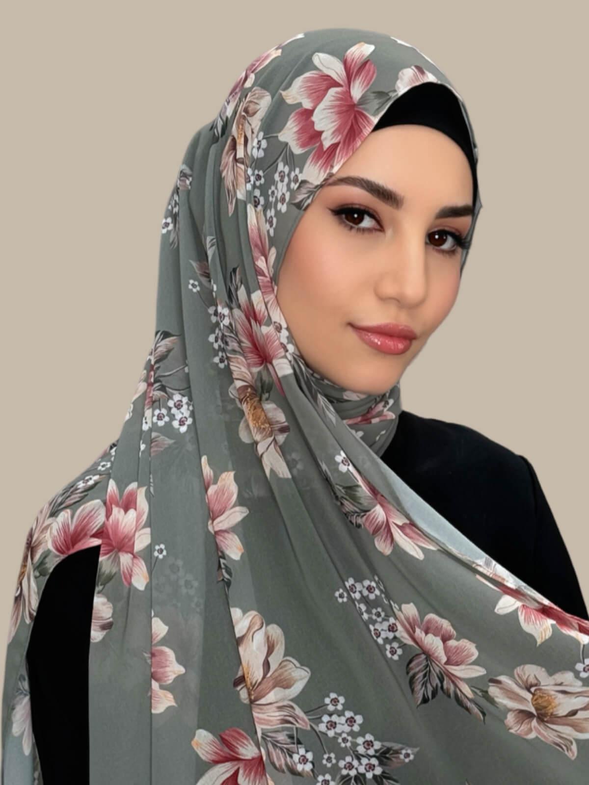 Printed Chiffon Hijab-Vintage Peony