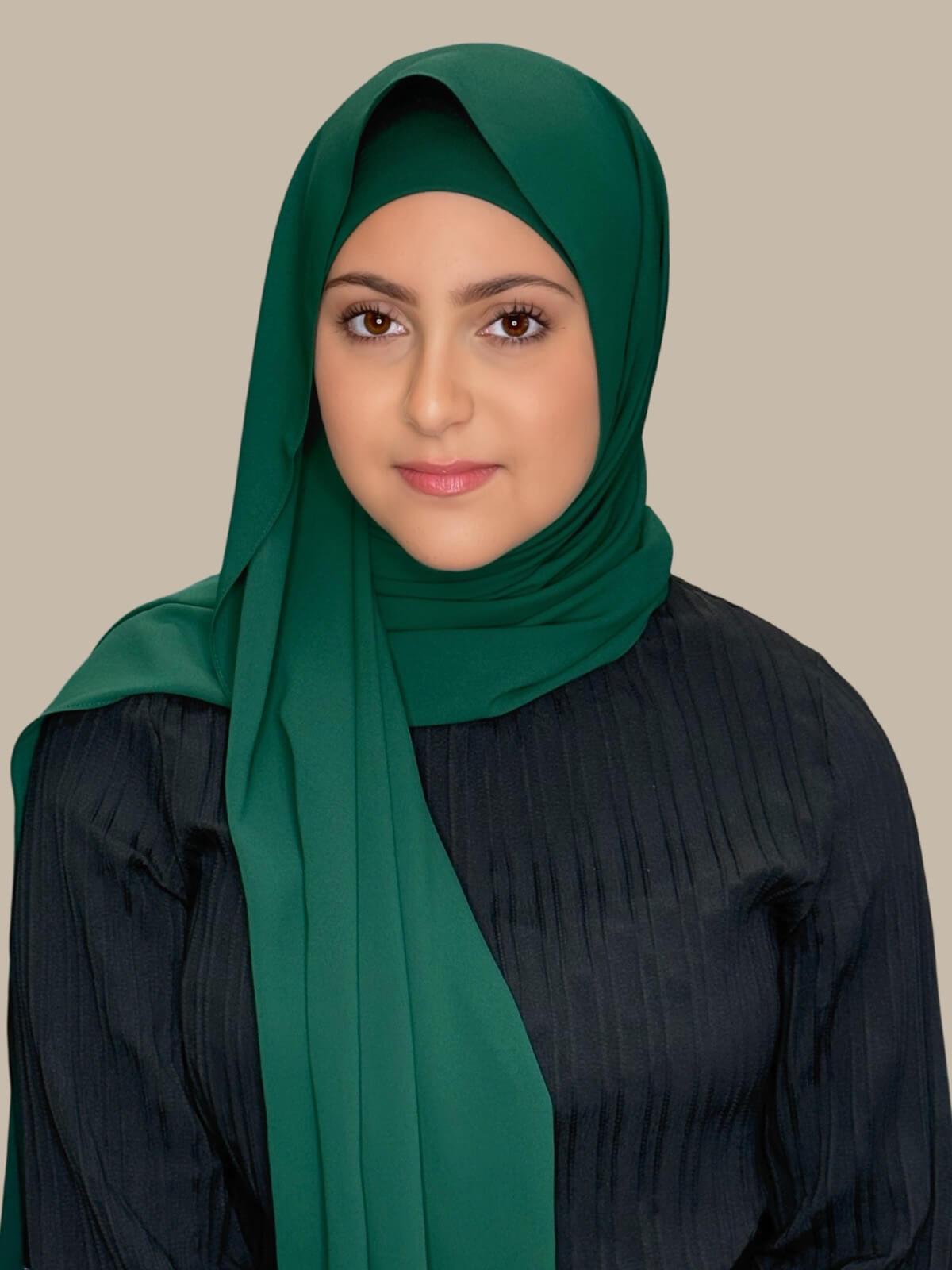 Deep Green Matching Chiffon Hijab Set in modish girl size on model,front view showing lightweight drape and smooth layered wrap with elegant finish.