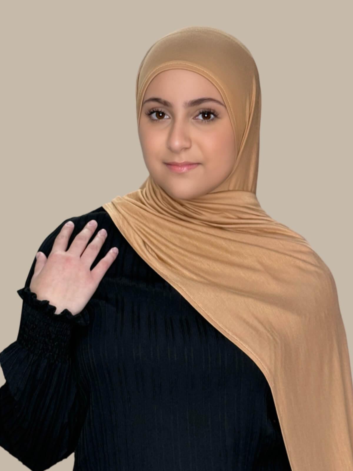 Honey Pre-Sewn Jersey Hijab in Modish Girl size, front view on model with hijab draped over shoulder
